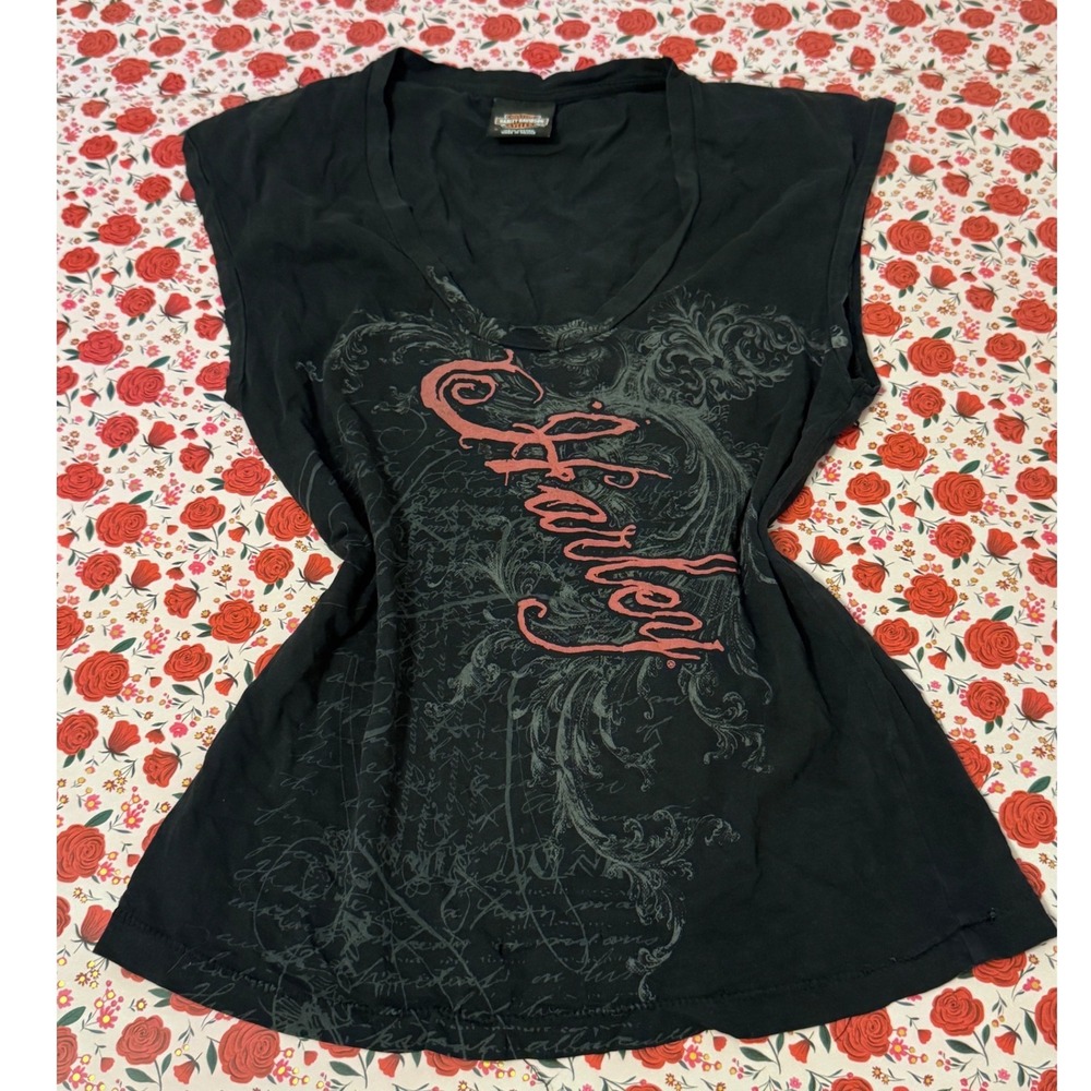 Harley Davidson Womens Black V-Neck Sleeveless Graphic Tank Top St Thomas S b3